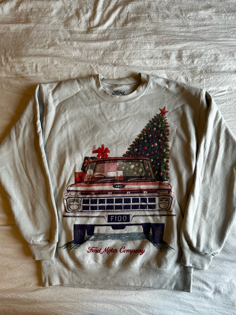 Ford Cream Crewneck Sweatshirt with Vintage Red Truck & Green Christmas Tree